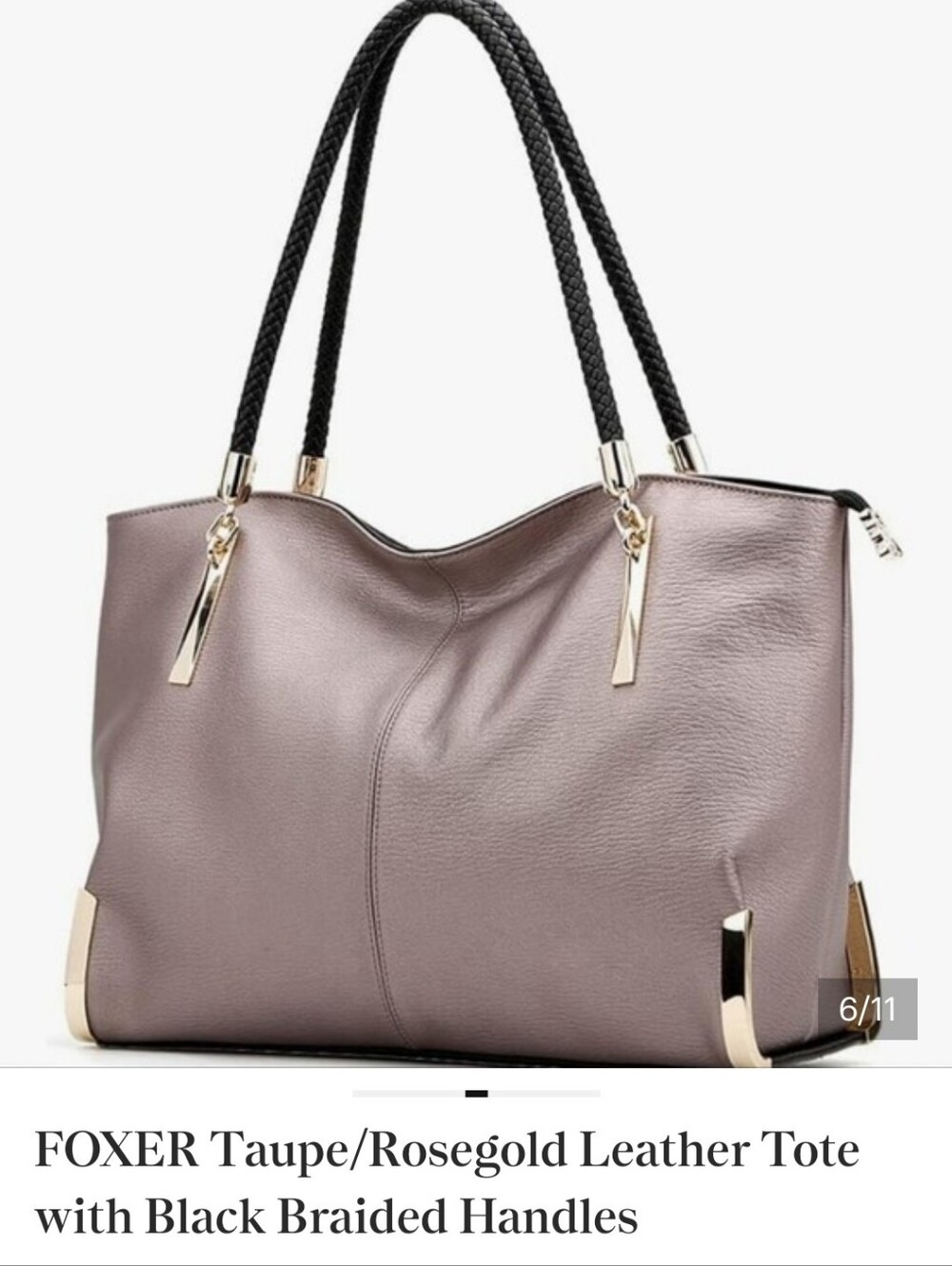 FOXER Taupe/Rosegold Leather Tote with Black Braided Handles
